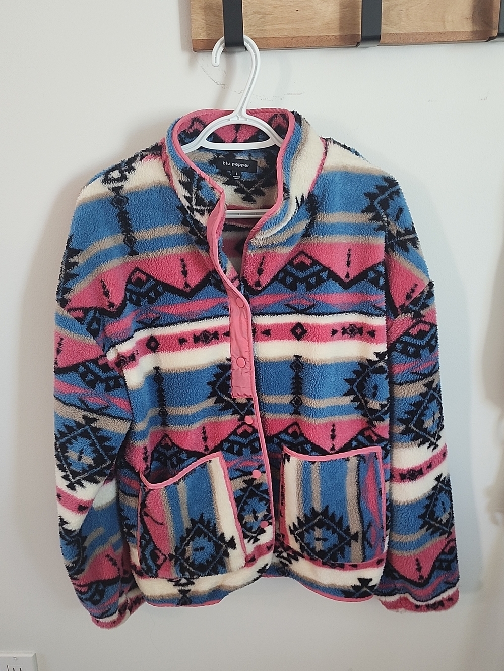 Blu Pepper Pink, Blue & Cream Teddy Jacket with Aztec Print